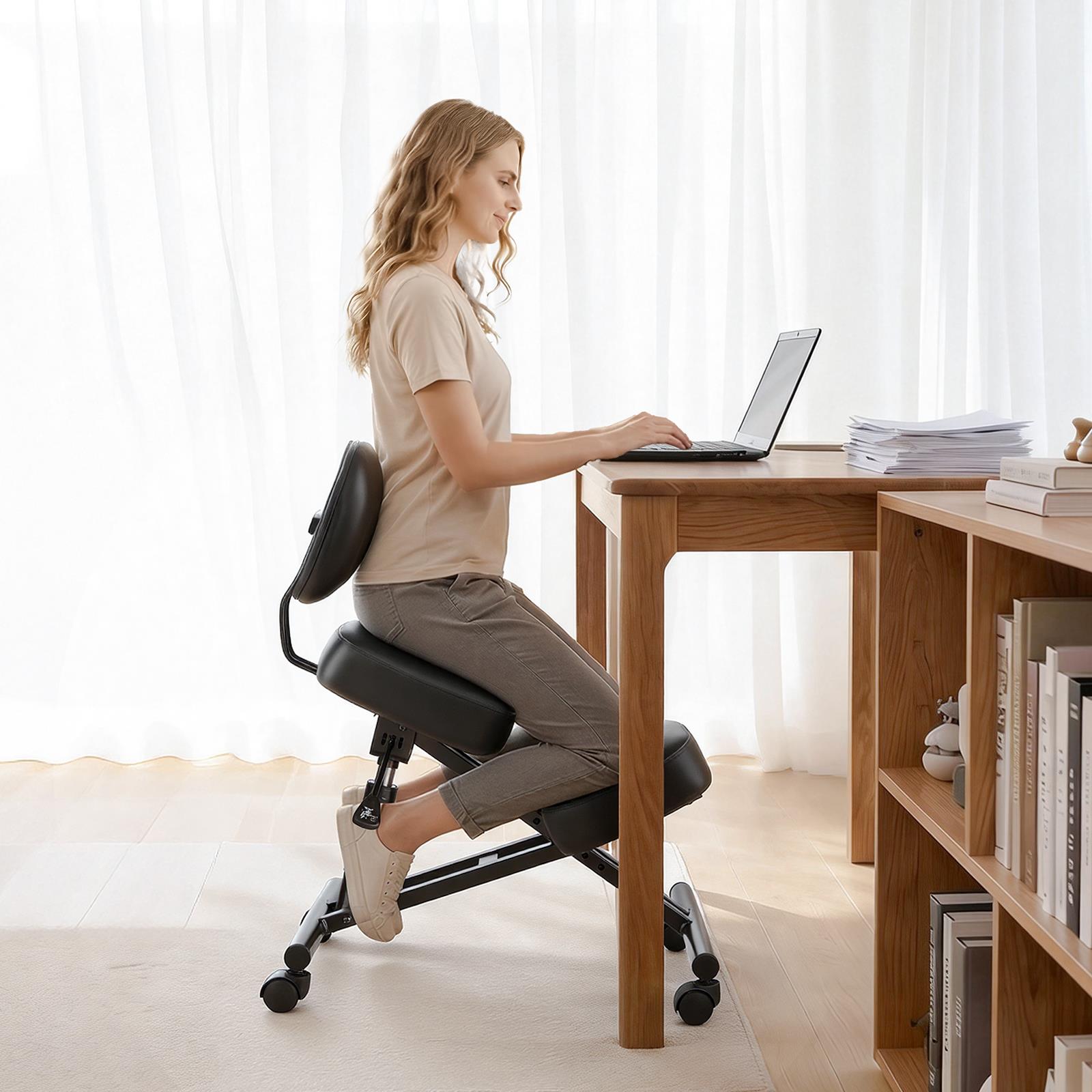 Office Stool - Ergonomic Kneeling Chair with Backrest Wheels
